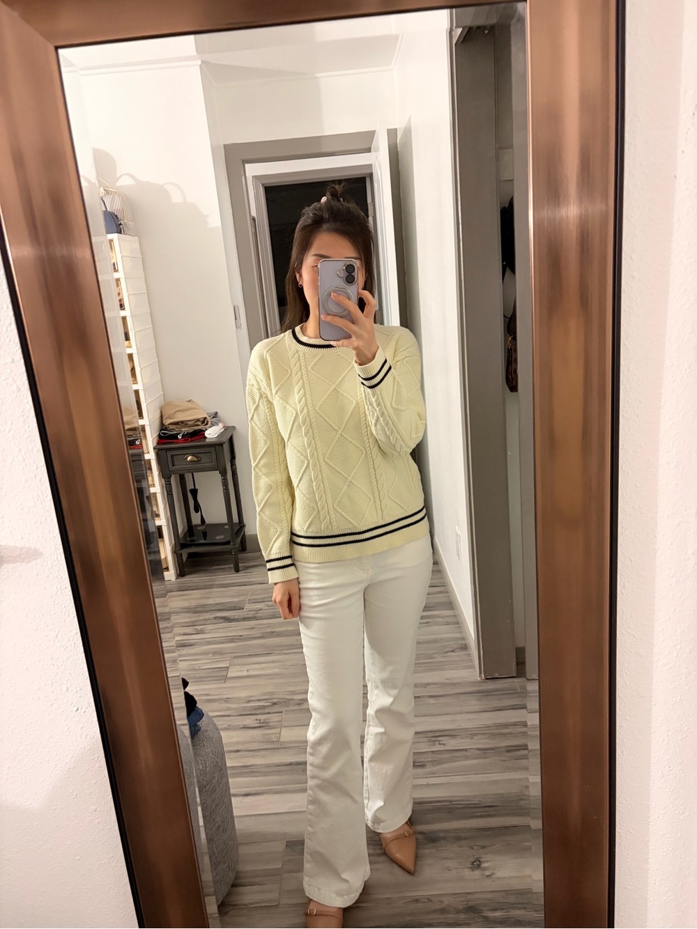 MOTF Cream Cable-Knit Sweater with Black Stripe Trim